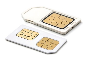 White S I M cards with gold contacts on white background SIM card mobile phone