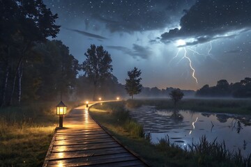Wooden walkway illuminated by lanterns during a stormy night with lightning dark sky