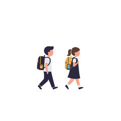 Two children, a boy and a girl, walking to school with backpacks.