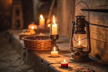 Antique lantern and candles casting warm glow oil lantern candlelight
