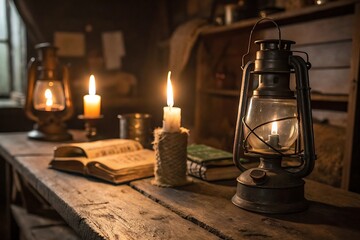 Antique oil lamp and candles illuminating old books candlelight warm glow