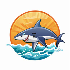 Obraz premium Cartoon Shark Leaping from the Ocean Waves Under a Bright Sun Illustration Graphic