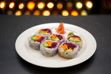 Vibrant Rainbow Veggie Sushi Rolls: Gourmet Food Photography, Close-up, Elegant Presentation