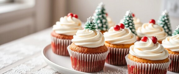 Leckere Weihnachts-Cupcakes mit Buttercreme, kleinen Deko-Tannenbäumen und roten Beeren – ideal für Winterprojekte oder Weihnachtsdesigns. PNG mit transparentem Hintergrund.