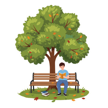 Young man peacefully reading a book on a park bench under a large tree in autumn.