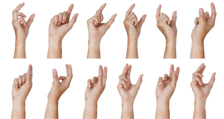 Group of Male asian hand gestures isolated over the white background. Grab small thing action.