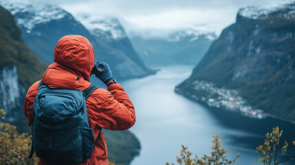 a tourist standing at a viewpoint with binoculars looking at a fjord landscape