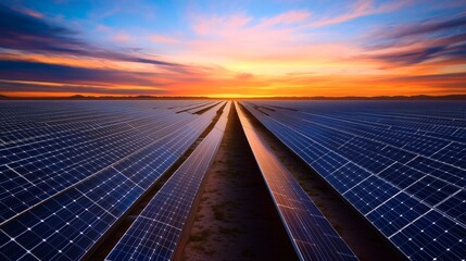 Extensive solar panel array at sunset.