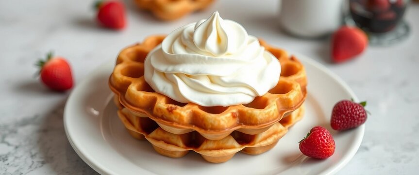 Herzf&ouml;rmige Waffeln mit wei&szlig;er Creme und frischen Fr&uuml;chten &ndash; perfekt f&uuml;r Valentinstag, Muttertag oder romantisches Fr&uuml;hst&uuml;ck.