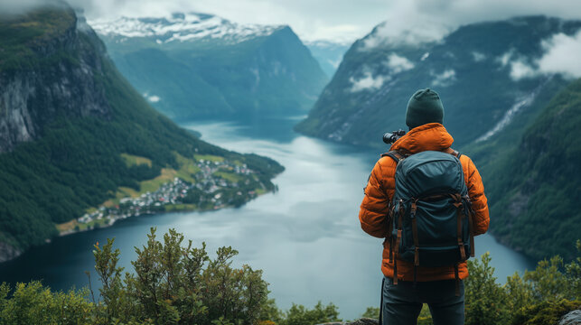 a tourist standing at a viewpoint with binoculars looking at a fjord landscape