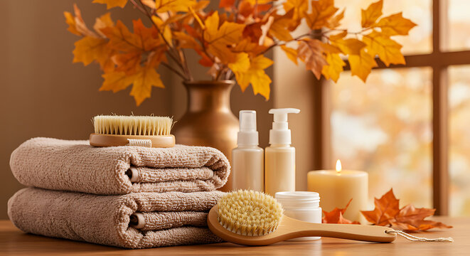 Relaxing spa day at home with fluffy towels and autumn leaves for cozy self-care moments