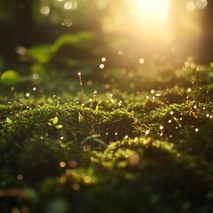 A close up of moss covered ground with dew drops glistening in the sunlight in the forest scene view