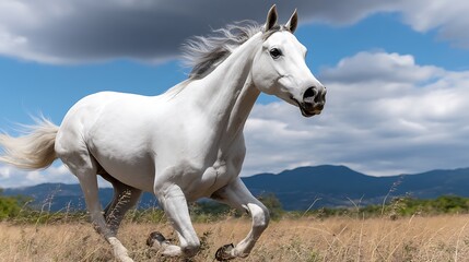 Majestic White Horse Galloping Across Field with Sunny Day, and Mountains Background.
