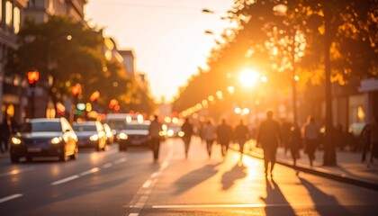 Golden Hour Haze: Blurred City Street with Silhouettes and Sun Flare