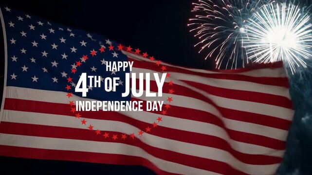 Waving American Flag with Happy 4th of July Independence Day Text and Single Firework Burst