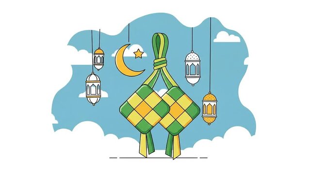 Illustration of Ketupat, a traditional rice dumpling, with crescent moon, star, and lanterns against a cloudy blue sky.