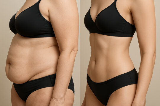 Side view female abdomen before and after body transformation showing major fat loss and toned core with visible waistline, studio lighting