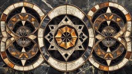 Intricate Geometric Mandala Design Brown Gold Beige Marble Texture