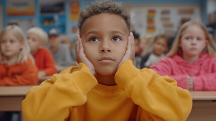 Bored elementary school student covering ears in class