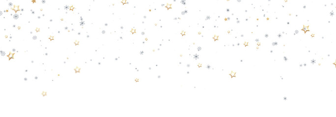 Beautiful winter background with gold and silver stars and snowflakes falling on white.