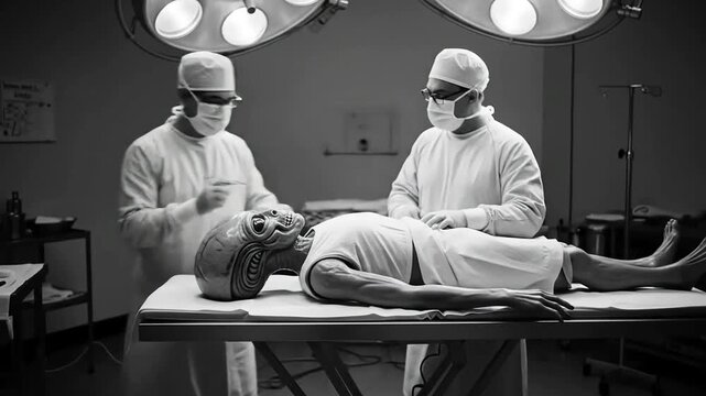 Two masked medical professionals meticulously examine a mysterious non-human specimen in a vintage surgical theater.