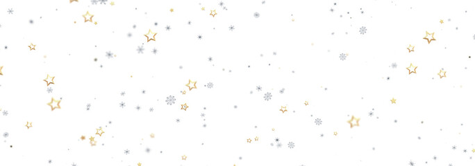 Festive background with gold and silver stars and snowflakes. Perfect for Christmas, New Year, winter holidays.