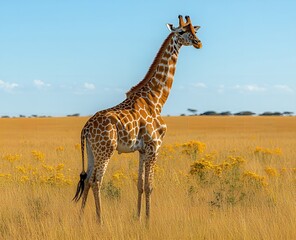 A giraffe standing tall in a field of yellow flowers under a bright blue sky in the african savanna