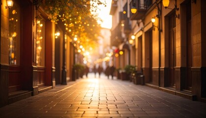 Fototapeta premium Golden Light Floods a Cobblestone Alley with Warm Bokeh and Evening Ambiance
