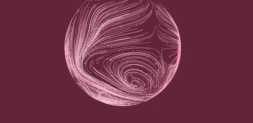 Intricate pink lines swirl on a dark background, creating an abstract sphere. Perfect for technology, design, and art.