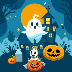 Halloween seamless vector background with pumpkins bats ghosts and spooky icons