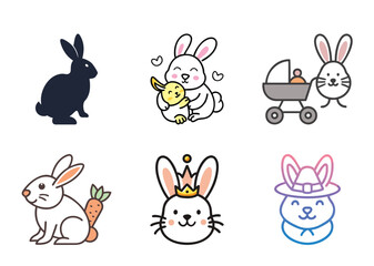 Cartoon bunny rabbits in various scenarios and styles, adorable and whimsical illustrations