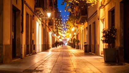 Golden Reflections on a Narrow European Street at Twilight's Blue Hour