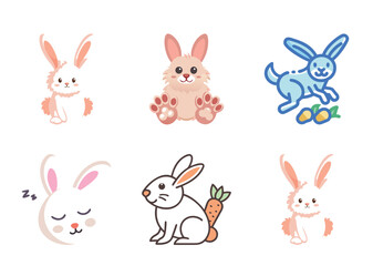 Obraz premium Six Adorable Bunny Rabbit Cartoon Illustrations on a White Background Displayed in Two Rows