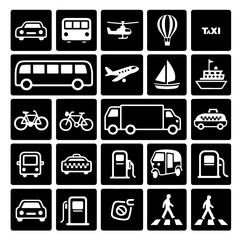 Travel icons and transportation symbols set including hotel, vehicles, and travel illustrations in black vector style