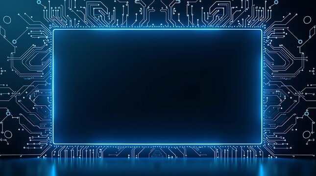 High-tech digital concept featuring a glowing blue rectangular frame integrated with circuit lines and electronic components, symbolizing advanced technology, cybersecurity, artificial intelligence. - Powered by Adobe