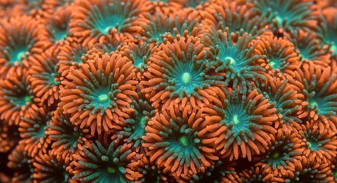 A mesmerizing macro photograph of a vibrant orange and teal zoanthid coral colony, showcasing the intricate beauty of marine life.