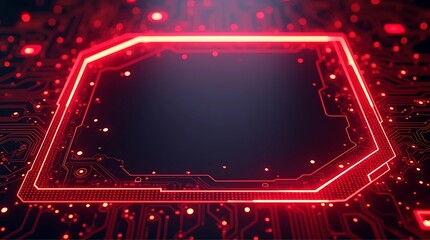 Obraz premium High-tech close-up of a glowing red microchip on an electronic circuit board, representing modern technology, artificial intelligence, digital processing, and futuristic innovation. Perfect for themes