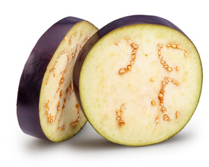 Aubergine or eggplant cross slices isolated on white background. File contains clipping path.