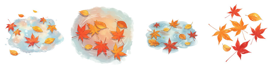 Set of isolated puddles with autumn leaves in colorful design  