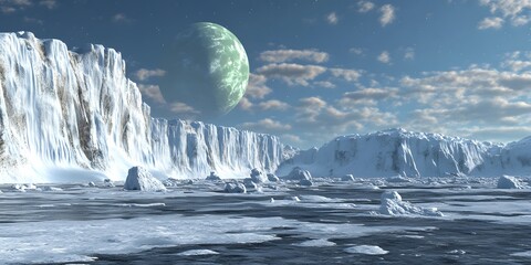 Icy landscape with a large planet visible in the sky and snow covered cliffs and ice formations around