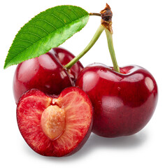 Sweet cherries with green leaf and half of cherry isolated on white background. Cut out PNG file.