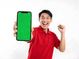 Excited young man wearing red shirt celebrate Indonesian independence day on 17 August while holding smartphone with blank green screen isolated over white background