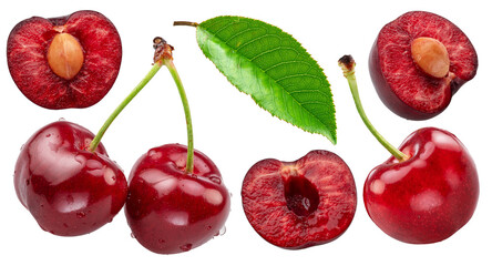 Collection of sweet red cherries isolated on white background. Cut out PNG file.