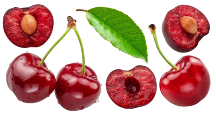 Collection of sweet red cherries isolated on white background. Cut out PNG file.