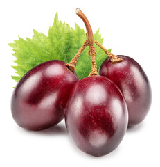 Ripe red table grape berries with green leaves on white background. Cut out PNG file.