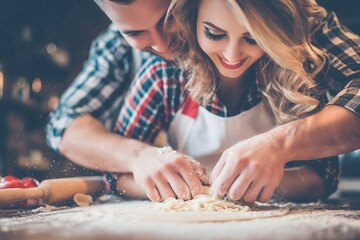 Happy couple making fresh homemade pasta in the kitchen