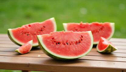Sliced Watermelon on Wooden Table, Green Background