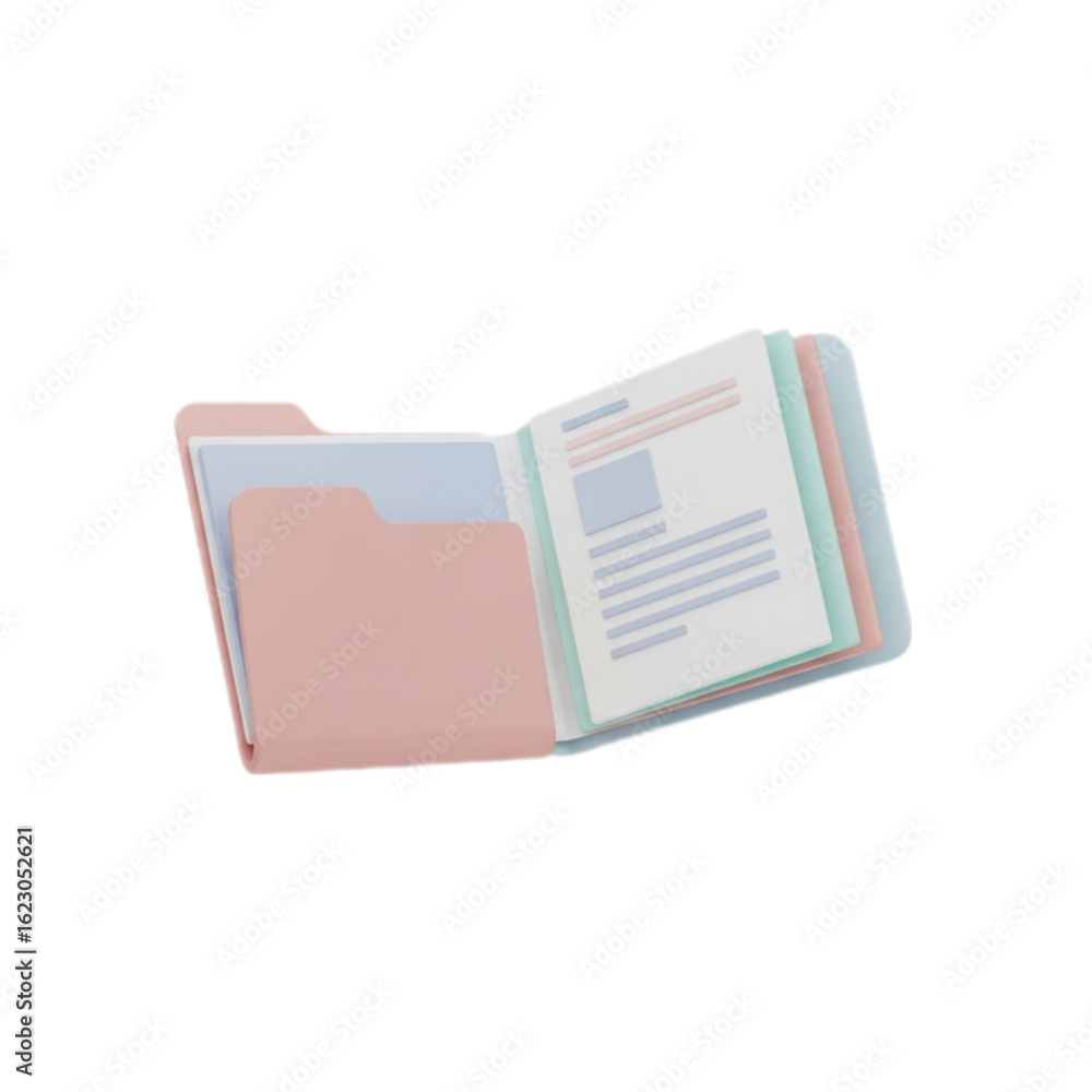 Poster open folder with documents and papers isolated on transparent background