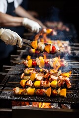 Chefs grilling shish kebabs on hot barbecue grill