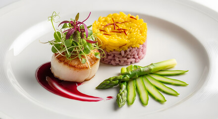 Exquisite culinary presentation: pan-seared scallop with saffron risotto and asparagus spears